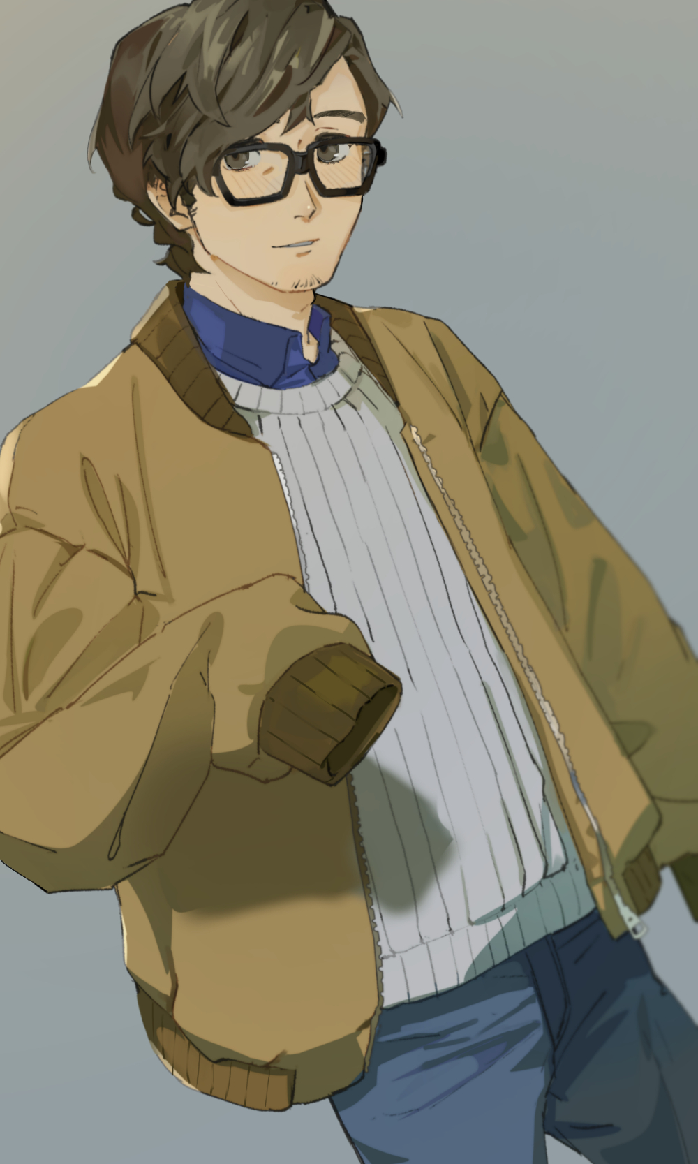 1boy a_osora511 beard_stubble black-framed_eyewear blue_pants blue_undershirt brown_eyes brown_hair brown_jacket cowboy_shot facial_hair glasses grey_background grey_sweater hand_up highres jacket male_focus maruki_takuto open_clothes open_jacket pants persona persona_5 persona_5_the_royal short_hair simple_background solo stubble sweater zipper zipper_pull_tab