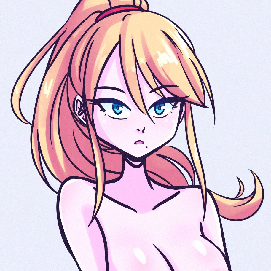 1girl arms_at_sides bare_arms bare_shoulders blonde_hair blue_eyes breasts collarbone expressionless eyelashes female_focus hair_between_eyes high_ponytail implied_nudity large_breasts long_hair looking_at_viewer metroid mole mole_under_mouth neck nintendo open_mouth out-of-frame_censoring ponytail samus_aran sidelocks standing swept_bangs topless_female topless_frame upper_body vewuinsky