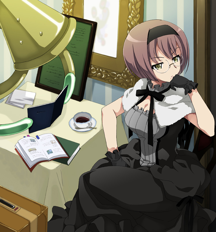 00s baba_tsutsuji benkei book brown_hair head_rest dress glasses gloves hairband saipaco sitting sora_wo_kakeru_shoujo table yellow_eyes
