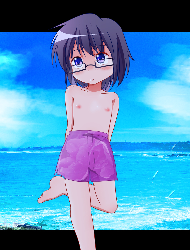 1girl arms_behind_back artist_request blue_sky blush closed_mouth day feet female_focus flat_chest glasses hidamari_sketch male_swimwear male_swimwear_challenge ocean outdoors purple_eyes purple_hair purple_male_swimwear purple_swim_trunks sae_(hidamari_sketch) shiny_skin short_hair shy sky solo source_request standing standing_on_one_leg swim_trunks swimsuit topless_female