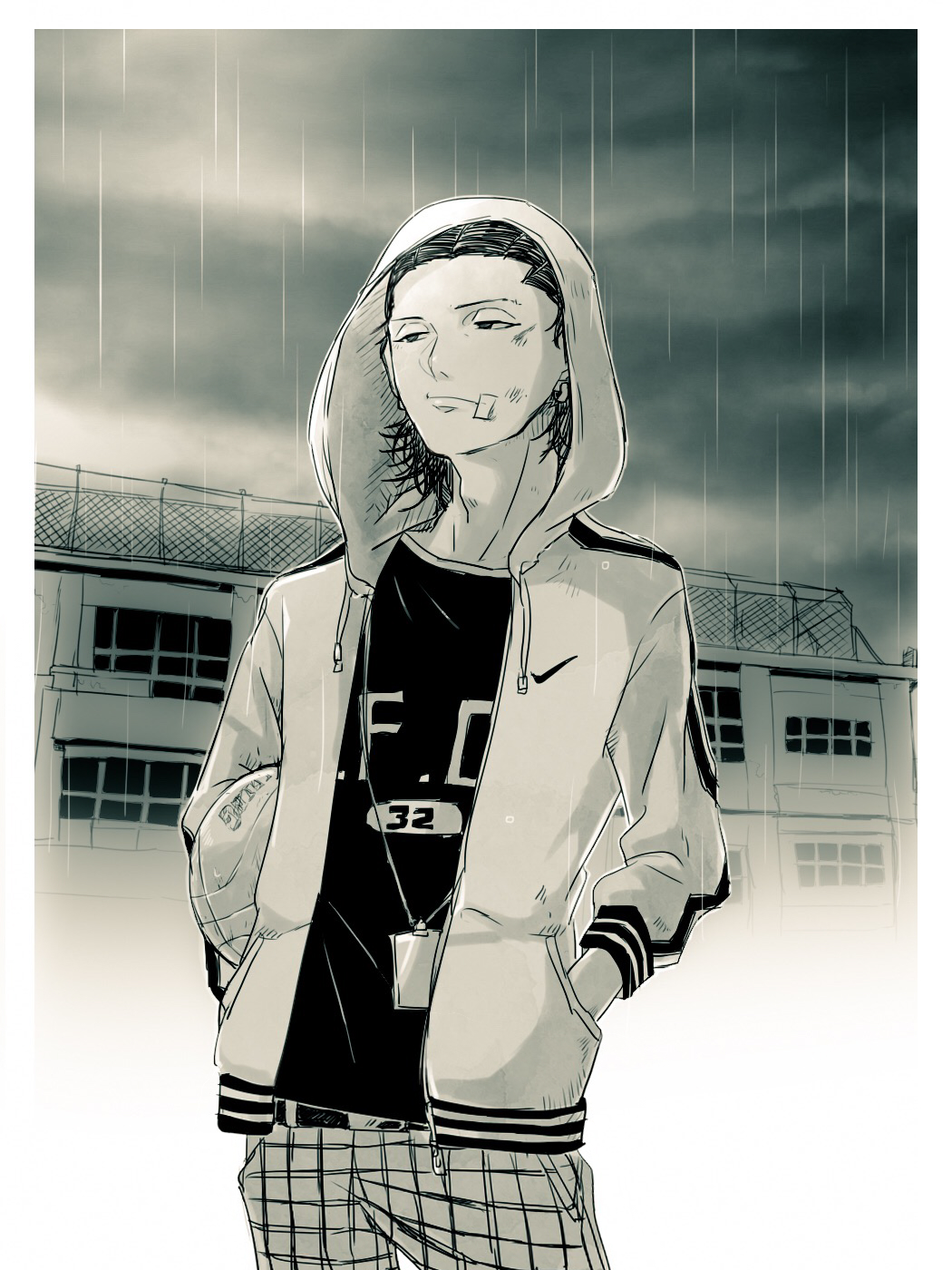 1boy ahiru_no_sora ball bandaid bandaid_on_face basketball basketball_(object) black_hair black_shirt building day grey_sky greyscale hands_in_pockets highres hood hooded_jacket jacket lanyard looking_at_viewer male_focus monochrome natsume_kenji outdoors pants plaid_clothes plaid_pants rain shirt sky solo standing t-shirt uwoyuz