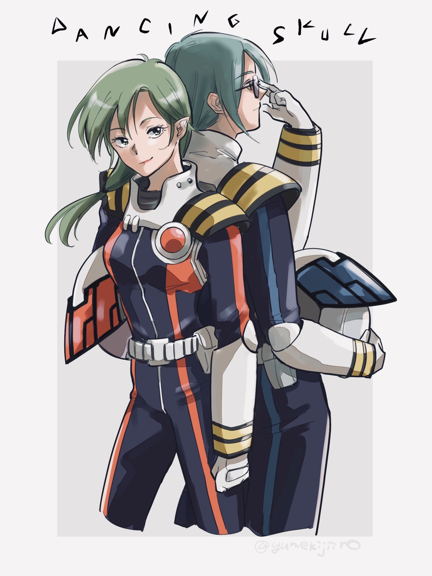 1boy 1girl adjusting_eyewear alien blue_hair couple glasses gloves green_hair unworn_headwear helmet unworn_helmet highres macross macross_m3 maximilian_jenius meltrandi miclone millia_jenius pilot pilot_suit ponytail science_fiction simple_background spacesuit yumekijiiro zentradi