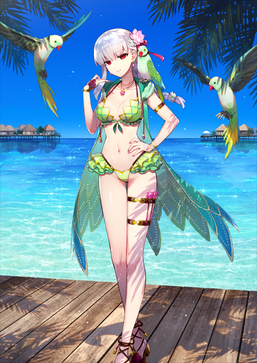 1girl animal animal_on_shoulder bikini bird bird_on_shoulder blue_background blue_sky bracelet braid breasts cleavage closed_mouth coat crossed_ankles day dock drawstring earrings fate/grand_order fate_(series) fingerless_gloves fingernails flower flower_hairtie flower_request foot_out_of_frame frilled_bikini frills front-tie_bikini_top front-tie_top game_cg gloves gold_armlet gold_bracelet green_bikini green_bird green_coat groin hair_flower hair_ornament hair_ribbon halterneck hand_in_own_hair hand_on_own_hip hand_up highleg highleg_bikini hood hood_down hooded_coat horizon jewelry kama_(fate) kama_(swimsuit_avenger)_(fate) kama_(swimsuit_avenger)_(second_ascension)_(fate) legs_together long_hair long_sidelocks looking_at_viewer medium_breasts narrow_waist navel ocean official_art open_clothes open_coat palm_tree parakeet pendant pink_flower pink_nails pink_ribbon red_eyes redrop ribbon sandals sidelocks single_bare_leg single_braid single_glove single_sidelock sky sleeveless sleeveless_coat smile solo stomach swimsuit thigh_gap thigh_strap third-party_source tree white_hair