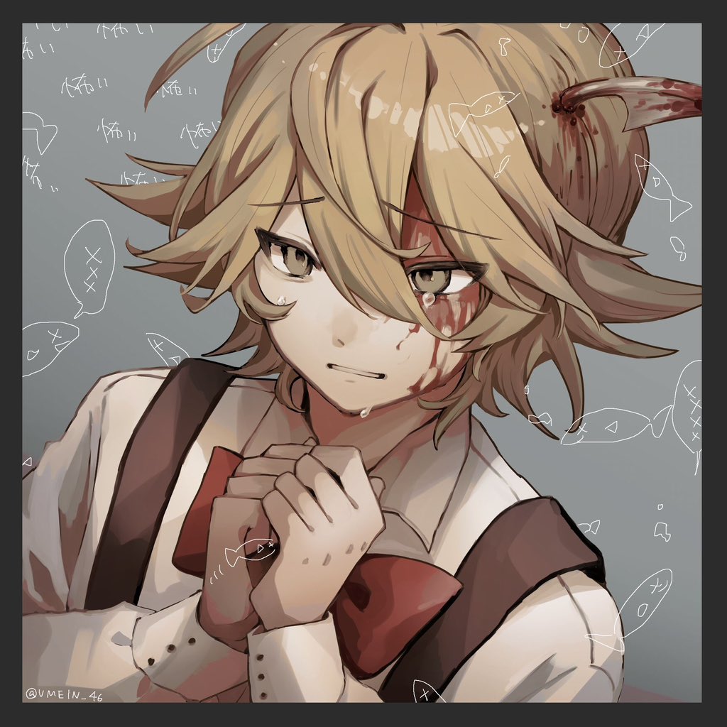 1boy blonde_hair blood blood_in_hair blood_on_face blue_background border bow crying fish_background funamusea green_border messy_hair oounabara_to_wadanohara own_hands_together polearm red_bow shirt short_hair solo spear tears teeth trap tsuribari_(funamusea) vmein_46 weapon white_shirt yellow_eyes