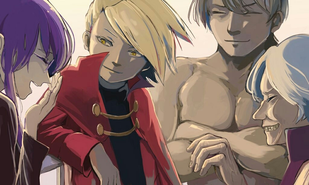 2boys 2girls agatha_(pokemon) blonde_hair brown_hair bruno_(pokemon) closed_eyes coat crossed_arms dark-skinned_male dark_skin grey_hair grin hand_up lance_(pokemon) laughing long_sleeves lorelei_(pokemon) multiple_boys multiple_girls muscular muscular_male nintendo old old_woman pokemon pokemon_adventures purple_hair red_coat short_hair sidelocks smile topless_male y_(pixiv1616946) yellow_eyes