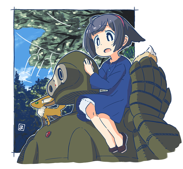 1girl :o animal_ears black_eyes black_hair blue_dress blue_sky bob_cut border dress fox fox_ears fox_girl fox_squirrel fox_tail full_body golem headband kukuri_(mawaru) laputa_robot long_sleeves mawaru_(mawaru) open_mouth original outdoors short_hair sitting sky solo tail tenkuu_no_shiro_laputa tree white_border