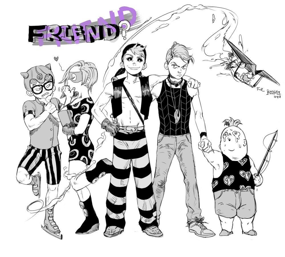 5boys bad_id bad_pixiv_id beach_boy_(stand) child fishing_rod ghiaccio glasses hang_gliding jewelry jojo_no_kimyou_na_bouken mask melone monochrome multiple_boys necklace pesci prosciutto risotto_nero stand_(jojo) vest aged_down zfmen