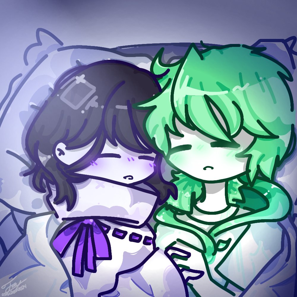 1boy 1girl black_hair blue_pillow blush closed_eyes colored_skin faydee green_hair green_hoodie green_shirt hair_over_one_eye holding_hands hood hoodie light_rays long_sleeves low_ponytail on_bed open_mouth original pillow ponytail purple_ribbon ribbon shirt short_sleeves sleeping turtleneck white_background white_blanket white_shirt white_skin
