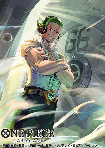 1boy belt black_pants commentary_request copyright_name cowboy_shot crossed_arms curly_eyebrows gate green_hair headphones looking_at_viewer male_focus official_art one_piece one_piece_card_game pants phima shirt short_hair short_sleeves smile smoke solo vinsmoke_yonji white_shirt wind