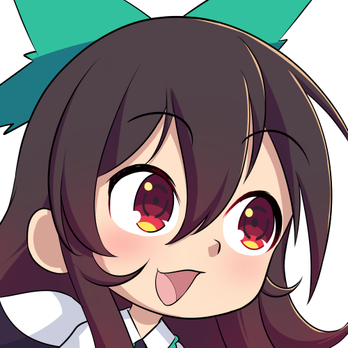1girl bmkro bow brown_hair commentary commission english_commentary green_bow hair_bow long_hair lowres meme open_mouth pogchamp_(meme) red_eyes reiuji_utsuho simple_background solo touhou upper_body white_background