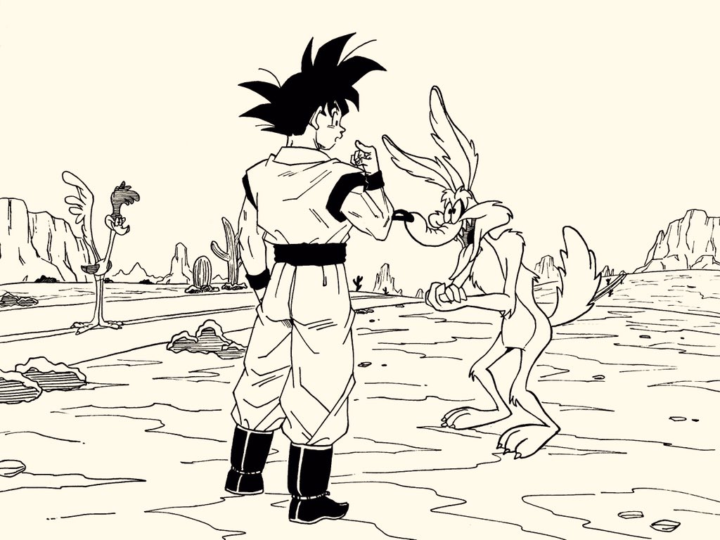 3boys black_eyes black_hair commentary_request crossed_arms crossover dougi dragon_ball dragonball_z evil_grin evil_smile grin happy height_difference lee_(dragon_garou) looking_at_another looney_tunes monochrome multiple_boys muscular nib_pen_(medium) no_humans own_hands_together pen_(medium) road_runner_(looney_tunes) sharp_teeth shunkan_idou simple_background sky smile son_goku spiked_hair teeth tongue tongue_out traditional_media upper_teeth_only what white_background wile_e_coyote