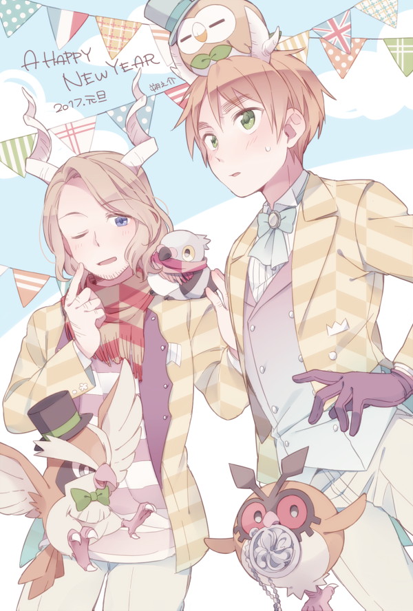 2017 2boys animal animal_on_head animal_on_shoulder antlers axis_powers_hetalia beak bird bird_on_head bird_on_shoulder black_hat blonde_hair blue_bow blue_bowtie blue_sky blush bow bowtie claws cloud cloudy_sky collared_shirt commentary_request cowboy_shot crown_ornament day english_text facial_hair feathered_wings flower_ornament formal_clothes france_(hetalia) gloves green_eyes green_ribbon grey_hat hands_up happy_new_year hat horns index_finger_raised jacket lapels long_sleeves looking_at_viewer looking_up male_focus multiple_boys new_year on_head one_eye_closed open_clothes open_jacket open_mouth outdoors owl pants pink_scarf purple_gloves ribbon saku_anna scarf shirt short_hair sky smile standing string_of_flags striped_clothes striped_jacket striped_scarf striped_shirt suit suit_jacket sweatdrop t-shirt top_hat united_kingdom_(hetalia) vest white_pants white_shirt white_vest wings yellow_jacket yellow_scarf