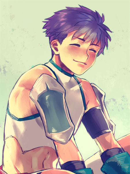 01rosso 1boy armor bad_id bad_pixiv_id bare_shoulders blush closed_eyes clothing_cutout fate/grand_order fate_(series) fergus_mac_roich_(fate) fergus_mac_roich_(young)_(fate) gloves male_focus navel_cutout purple_hair shirt shoulder_armor simple_background sitting sleeveless smile solo tight_clothes tight_shirt