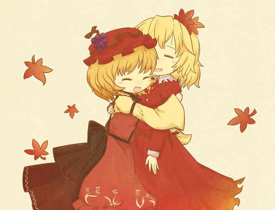 2girls aki_minoriko aki_shizuha akihiyo autumn_leaves blonde_hair closed_eyes hair_ornament hat hug leaf multiple_girls siblings sisters smile touhou wide_sleeves