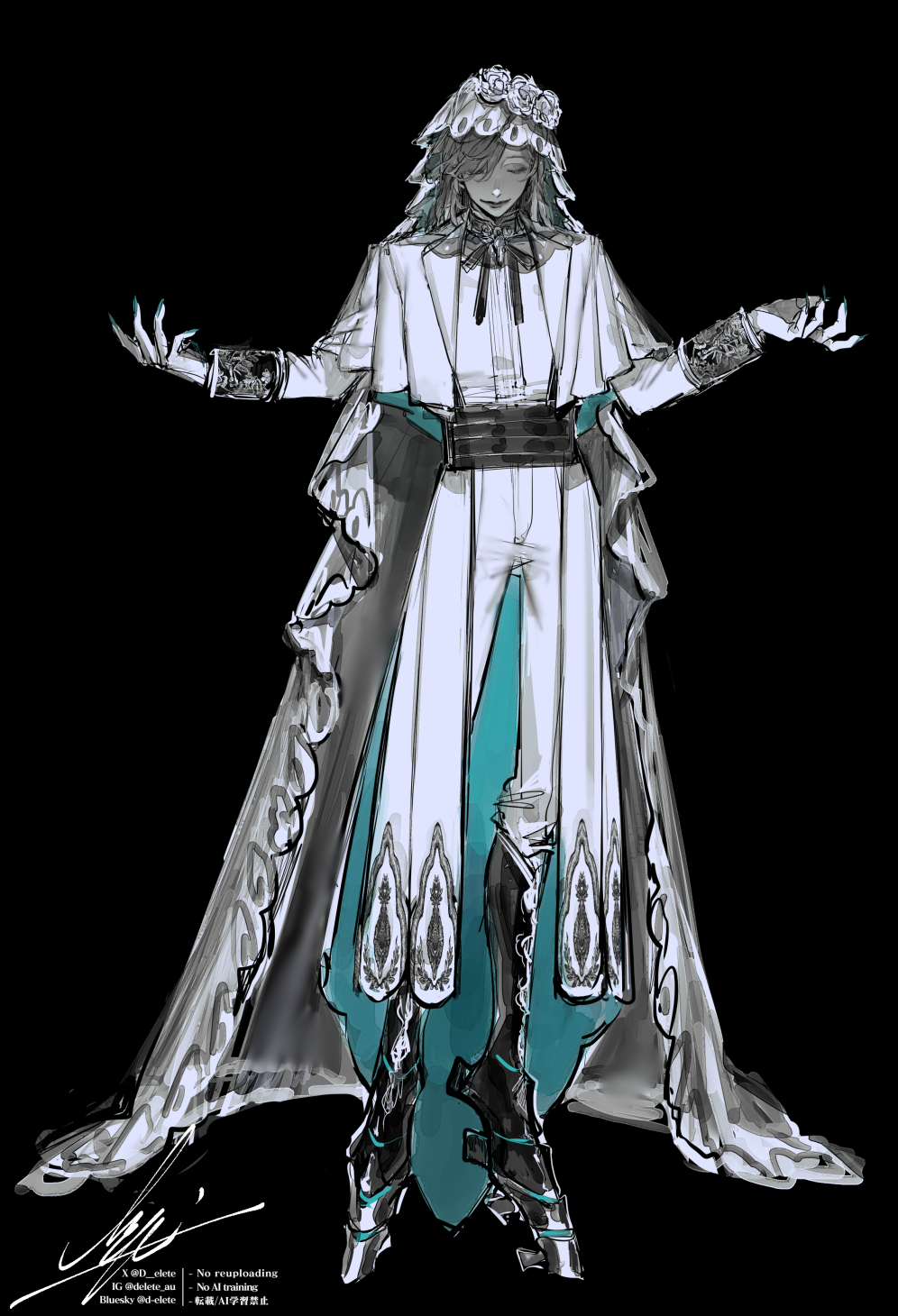 1boy aqua_coat aqua_nails au_(d_elete) black_background boots capelet closed_eyes coat cummerbund embroidery facing_viewer fingernails flower full_body greyscale hair_flower hair_ornament hair_over_one_eye hands_up highres knee_boots lips long_coat long_hair long_sleeves male_focus mole mole_under_eye monochrome neck_ribbon nijisanji official_alternate_costume oliver_evans outstretched_hand pants platform_boots ribbon rose shadow_shadow_(vocaloid) sharp_fingernails shirt signature simple_background sleeve_cuffs smile solo spot_color standing two-sided_coat two-sided_fabric veil virtual_youtuber