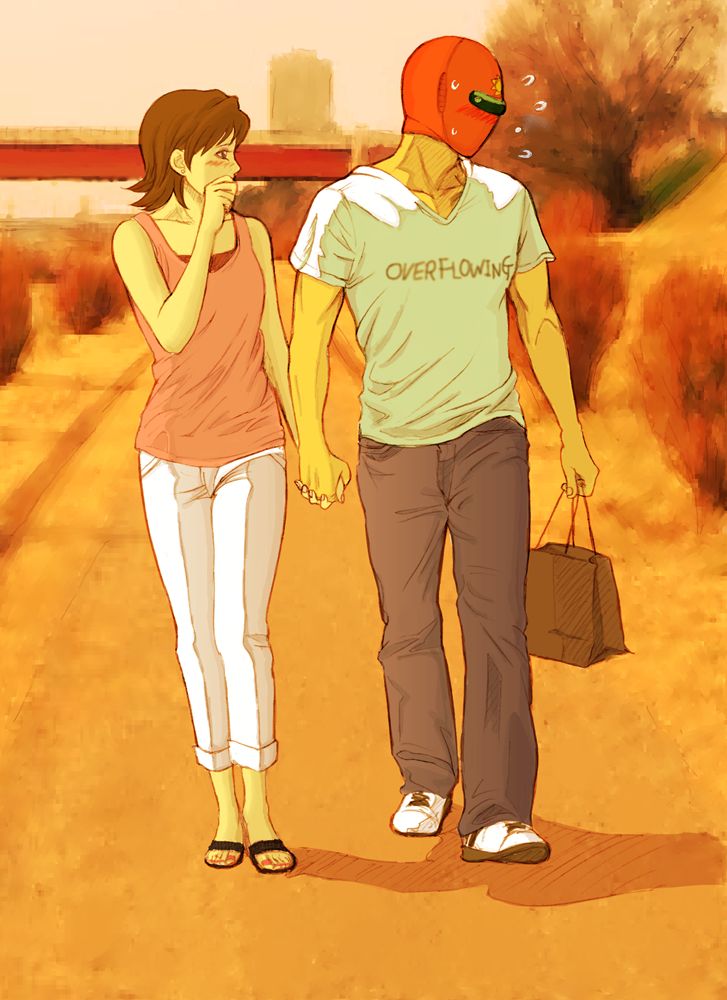 00s 1boy 1girl blush camisole holding_hands hetero kayoko mask pants peicham shirt sunred t-shirt tentai_senshi_sunred uchida_kayoko