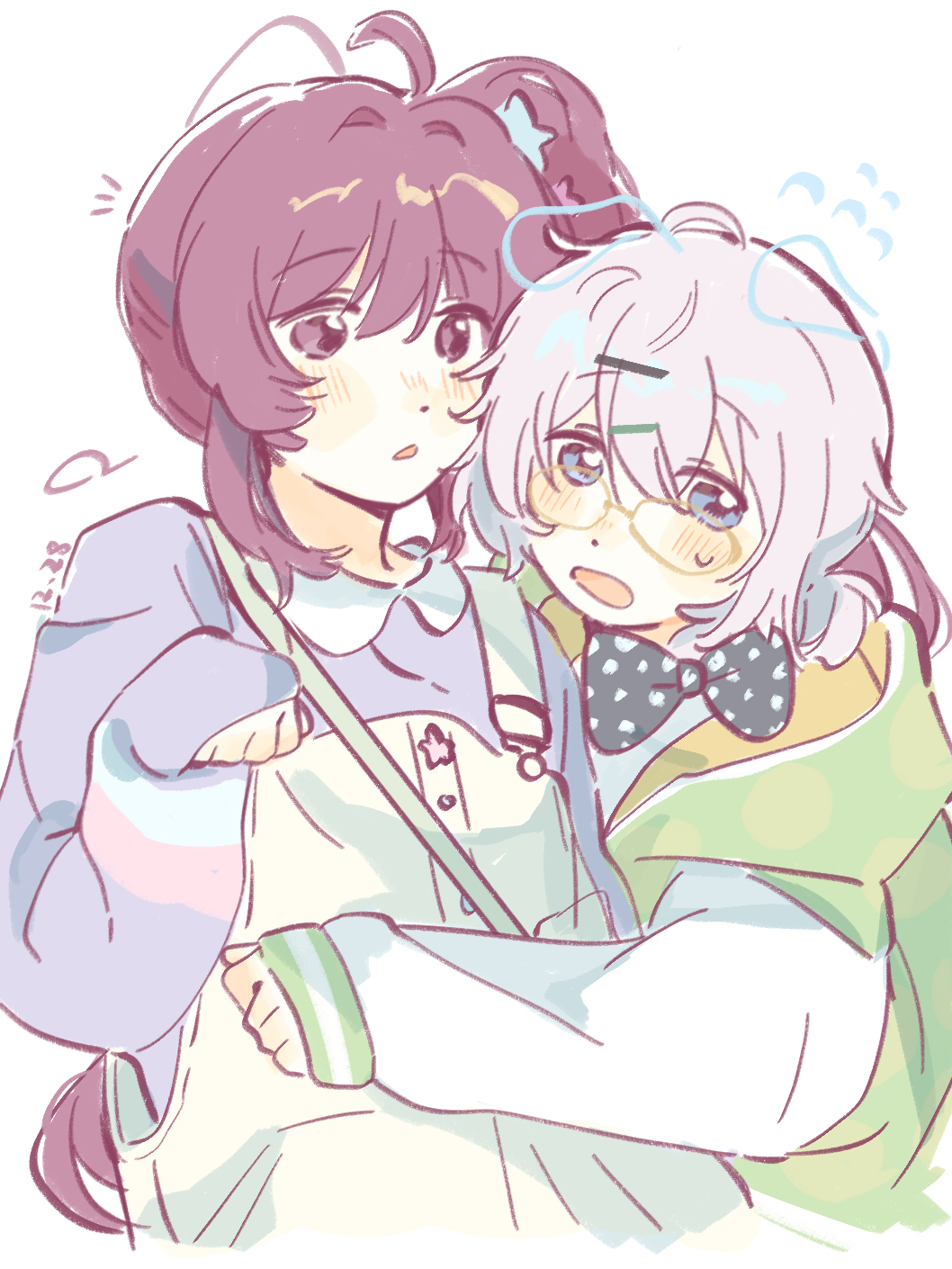 2girls ahoge animal_ears black_bow blue_eyes blush bow cat_ears coat collared_shirt commentary_request dated dog_ears drawn_ears flying_sweatdrops glasses green_coat green_overalls grey_hair hair_between_eyes hair_intakes hair_ornament hairclip highres hood hooded_coat hug ikeda_chitose long_hair long_sleeves multiple_girls nose_blush notice_lines official_alternate_costume open_mouth overall_skirt overalls purple_eyes purple_hair purple_shirt sanrio shirt short_hair side_ponytail simple_background sleeves_past_wrists sugiura_ayano upper_body white_background white_sleeves woodonly yuri yuru_yuri