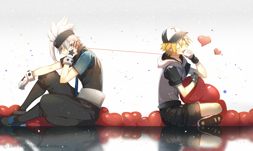 2boys aotu_world artist_name back-to-back baseball_cap blonde_hair boots closed_eyes fingerless_gloves gloves grey_(aotu_world) hat headband heart hood hoodie jinkoika king_(aotu_world) male_focus multiple_boys reflection reflective_floor short_sleeves shorts sitting spiked_hair string string_of_fate vest watermark white_hair yaoi