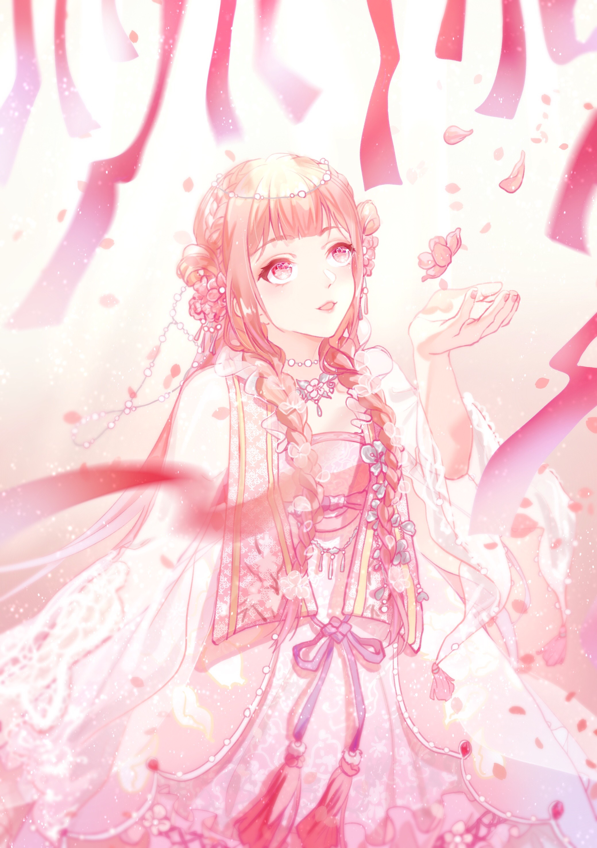 1girl absurdres bead_choker beads blunt_bangs braid catching character_request chinese_clothes circlet commentary confeitoo cowboy_shot double_bun eyelashes falling_petals flower gradient_background hair_beads hair_bun hair_flower hair_ornament hanfu highres lace-trimmed_sleeves lace_trim light_particles lipstick long_hair long_sleeves looking_up makeup nail_polish nikki_(series) open_mouth outstretched_hand petals pink_background pink_eyes pink_flower pink_hair pink_hanfu pink_lips pink_nails purple_ribbon ribbon robe shining_nikki side_braids smile solo standing streamers tassel twin_braids upturned_eyes very_long_hair waist_ribbon white_background white_robe wide_sleeves