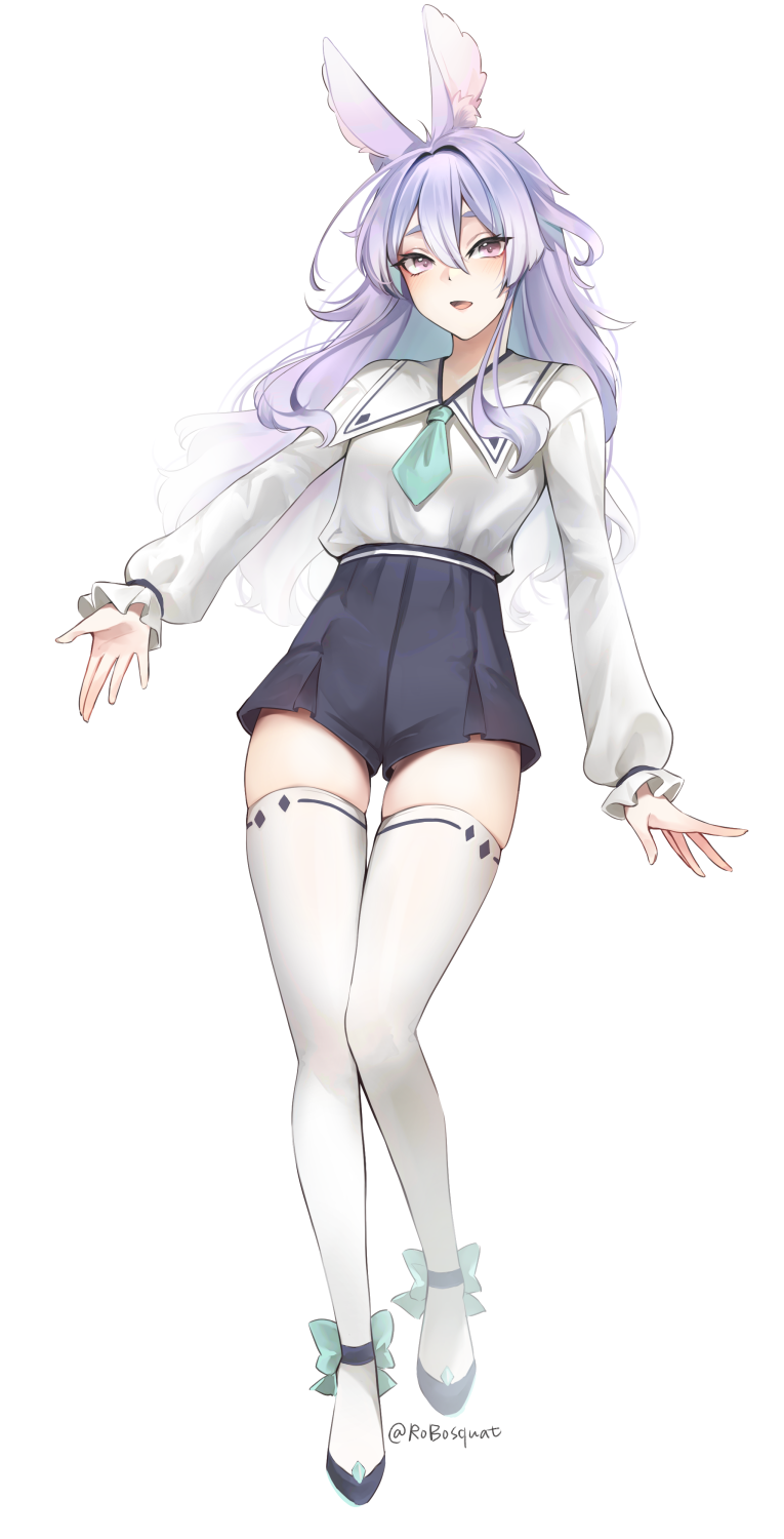 1girl :d animal_ear_fluff animal_ears aqua_bow aqua_necktie artist_name black_footwear black_skirt bow carrot_(robosquat) footwear_bow hair_between_eyes highres long_sleeves necktie open_mouth original purple_eyes purple_hair rabbit_ears rabbit_girl sailor_collar shirt simple_background skirt smile solo thighhighs thighs twintails watermark white_background white_sailor_collar white_shirt white_thighhighs