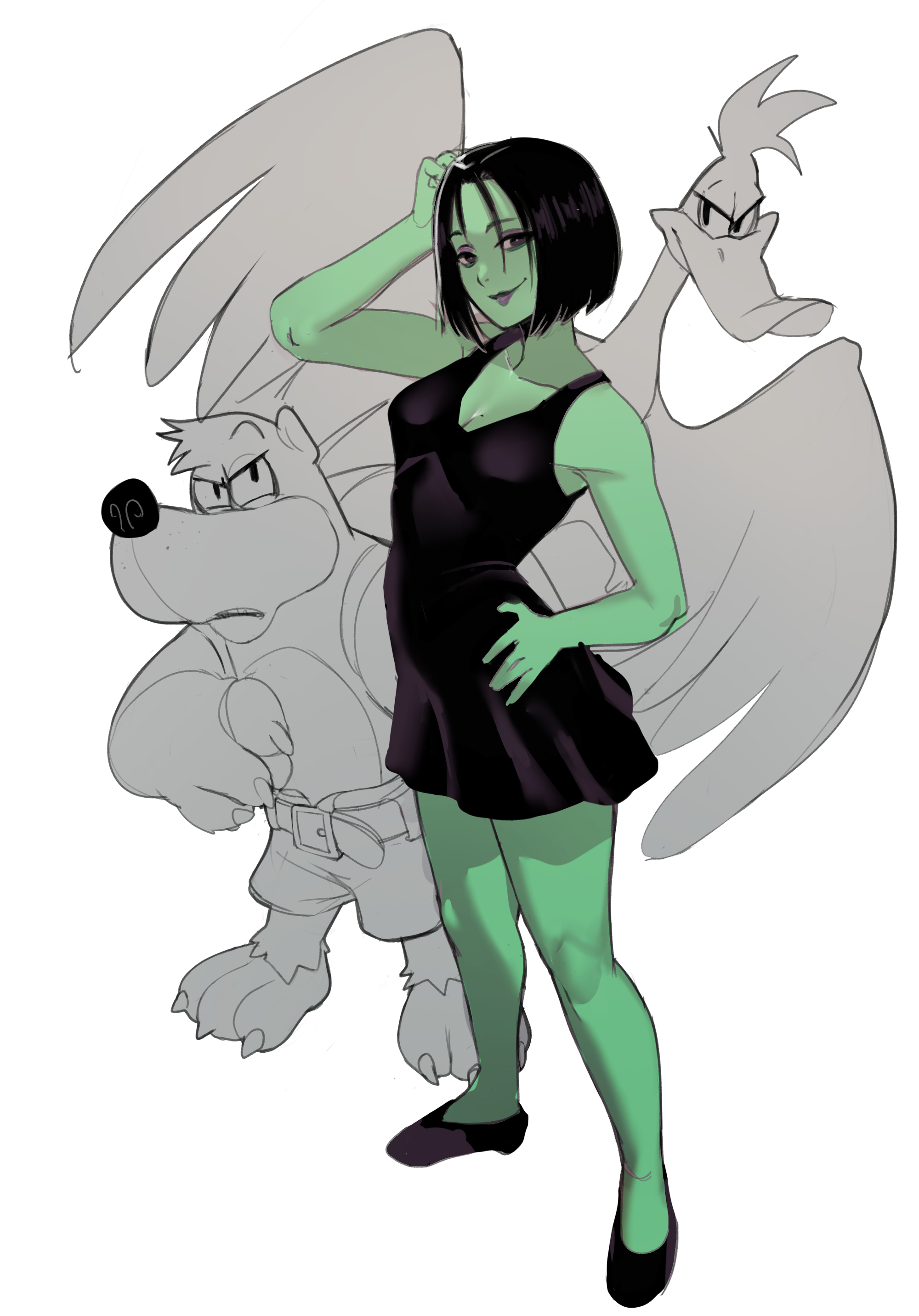 1boy 1girl 2girls absurdres backpack bag banjo-kazooie banjo_(banjo-kazooie) bear bird black_hair bob_cut bright_pupils collarbone colored_skin dress eyeshadow green_skin greyscale gruntilda_winkybunion hand_in_own_hair hand_on_own_hip highres kazooie_(banjo-kazooie) lipstick looking_at_another makeup medium_hair monochrome multiple_girls purple_eyes purple_lips sho-n-d shorts smile solo_focus spot_color white_pupils