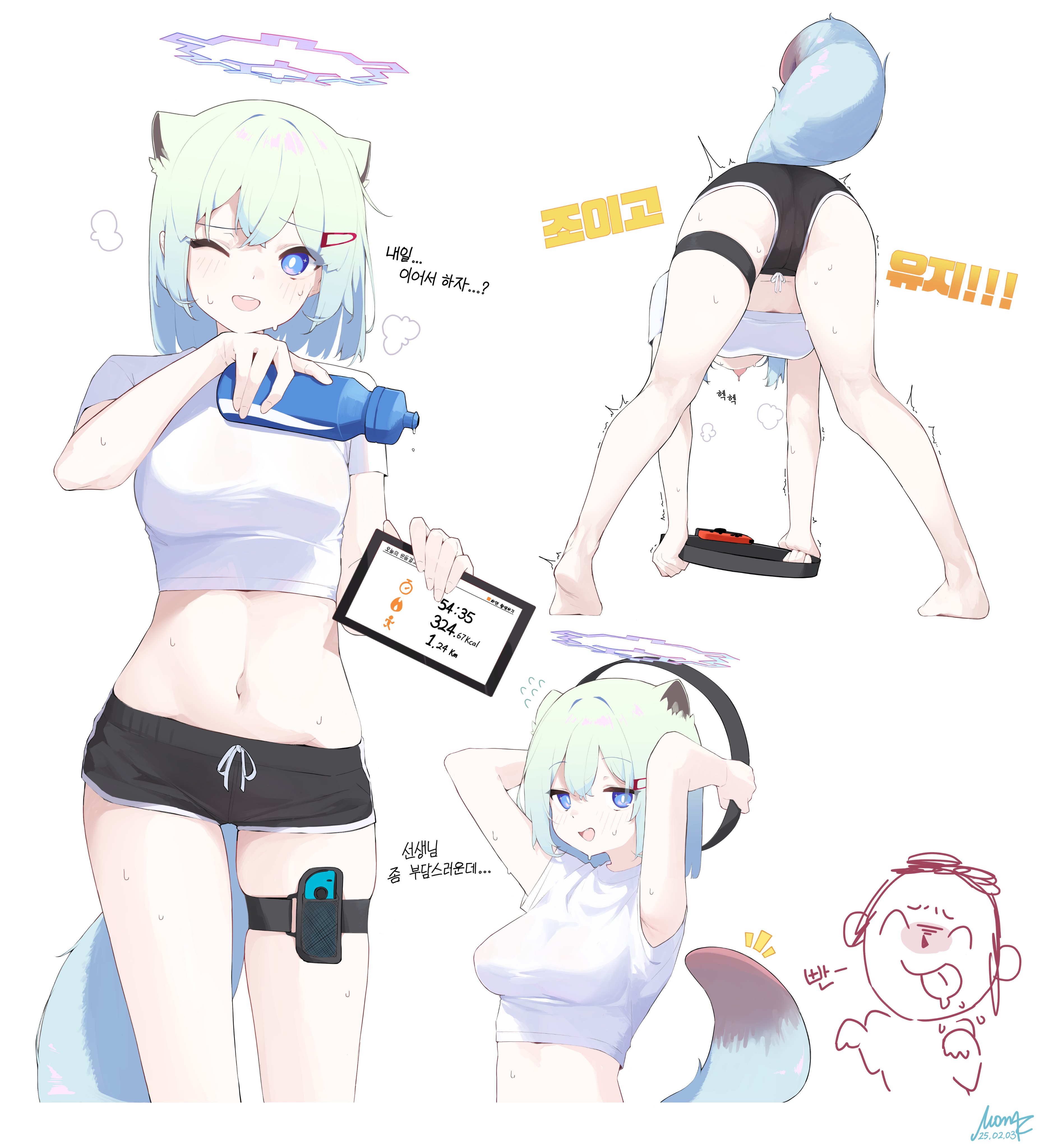 1girl absurdres alternate_costume animal_ears arms_up ass black_shorts blue_archive blue_eyes blue_hair bottle breasts colored_inner_hair dated doodle_sensei_(blue_archive) fang flying_sweatdrops green_hair gym_shorts hair_between_eyes hair_ornament hairclip halo heavy_breathing highres holding holding_bottle holding_tablet_pc korean_text medium_breasts midriff mona_kkkk multicolored_hair multiple_views notice_lines one_eye_closed open_mouth pose_request purple_halo sensei_(blue_archive) shigure_(blue_archive) shirt short_hair shorts signature simple_background smile sweat tablet_pc tail teeth thigh_strap tongue tongue_out translation_request trembling two-tone_hair water_bottle weasel_ears weasel_girl weasel_tail white_background white_shirt