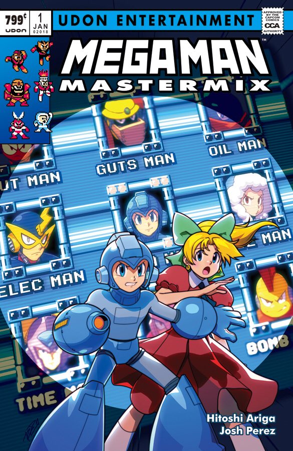 1boy 1girl android arm_cannon bad_id bad_twitter_id blonde_hair blue_eyes bomb_man capcom character_name commentary copyright_name cover cover_page cut_man dress earrings elec_man english_text fire_man green_ribbon gutman guts_man hair_ribbon helmet ice_man jewelry long_hair marvel mask mega_man:_powered_up mega_man_(character) mega_man_(classic) mega_man_(series) oil_man parody pixel_art puffy_short_sleeves puffy_sleeves red_dress ribbon robaato rockman_(game) roll_(mega_man) short_sleeves spotlight time_man weapon x-men x-men:_days_of_future_past x-men_film_series