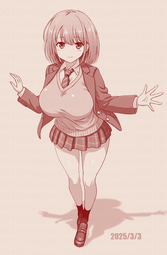 1girl arm_up boots breasts collared_shirt diagonal-striped_clothes diagonal-striped_necktie full_body jacket large_breasts medium_hair miniskirt monochrome necktie nyagoro pleated_skirt saki_(manga) sepia shadow shirt simple_background skirt smile socks striped_clothes striped_skirt sweater thighs unozawa_shiori