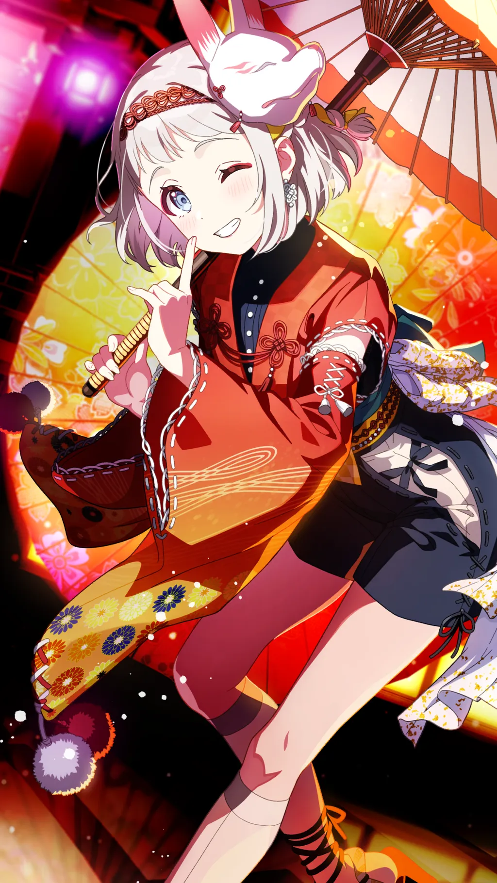 1girl blue_eyes buttons detached_sleeves earrings floral_print gakuen_idolmaster game_cg grey_hair grin hairband highres holding idolmaster japanese_clothes jewelry kamurogiku_(idolmaster) katsuragi_lilja mask mask_on_head official_art one_eye_closed smile solo umbrella