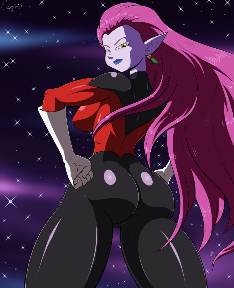 1girl ass backboob blue_lips bodysuit breasts canime clothes cocotte colored_skin dragon_ball dragon_ball_super ear_piercing elbow_gloves female_focus gloves happy lilibeu lipstick long_hair long_pointy_ears looking_back makeup medium_breasts piercing pointy_ears purple_skin smile solo space star_(sky) white_gloves yellow_eyes