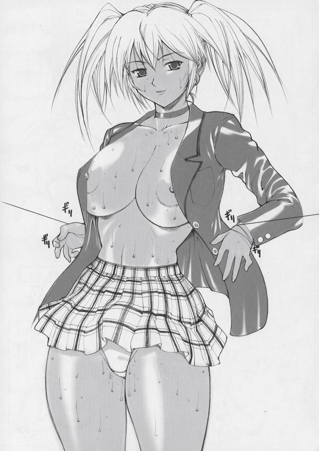 00s 1girl arms_at_sides breasts choker cleavage cowboy_shot dark-skinned_female dark_skin female_focus greyscale hair_between_eyes highres ikkitousen jacket kinoko_allstars large_areolae large_breasts microskirt monochrome nipple_slip nipples no_bra non-web_source open_clothes open_jacket panties parted_bangs plaid_clothes plaid_skirt pocket ryofu_housen simple_background skirt solo standing sweat thighs twintails underwear white_panties