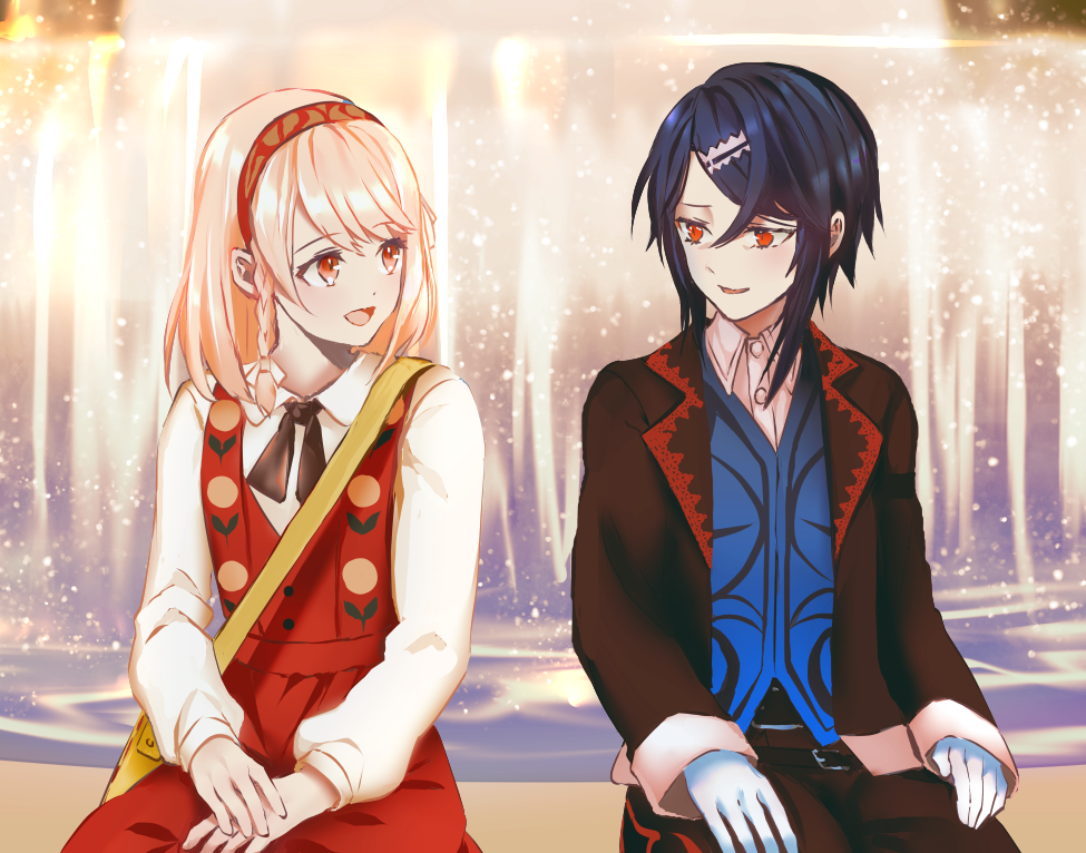 alcryst_(fire_emblem) armor asymmetrical_armor asymmetrical_hair blue_hair braid fire_emblem fire_emblem_engage grey_hairband hair_ornament hairband hairclip lapis_(fire_emblem) nintendo pink_eyes pink_hair red_hairband ribbon shirt_under_dress shoochiku_bai side_braid two-tone_hairband white_ribbon