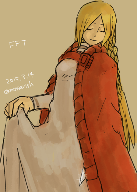 1girl blonde_hair braid brown_background closed_eyes copyright_name dated dress feet_out_of_frame final_fantasy final_fantasy_tactics holding holding_unworn_clothes holding_unworn_dress knife mossarish ovelia_atkascha red_robe robe skirt_hold smile solo twitter_username white_dress