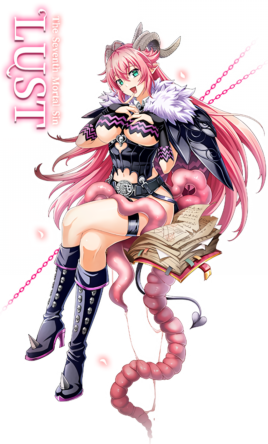 1girl antenna_hair asmodeus_(sin_nanatsu_no_taizai) asmodeus_(the_seven_deadly_sins) belt black_boots black_skirt boots breasts bridal_gauntlets demon_girl demon_horns full_body fur_trim green_eyes hair_between_eyes highres horns knee_boots large_breasts long_hair looking_at_viewer nishii_(damnedrive) official_art pencil_skirt pink_hair pointy_ears scan simple_background sin_nanatsu_no_taizai skirt smile solo the_seven_deadly_sins thigh_strap underboob white_background