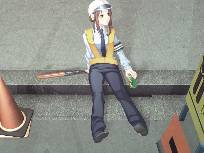 1girl angelos_armas baton baton_(weapon) brown_eyes brown_hair can chuuou_higashiguchi construction_worker female_focus game_cg helmet necktie non-web_source outdoors pants pink_hair road_sign shoes sign sitting solo traffic_baton traffic_cone traffic_officer uniform vest watabe_komaki weapon