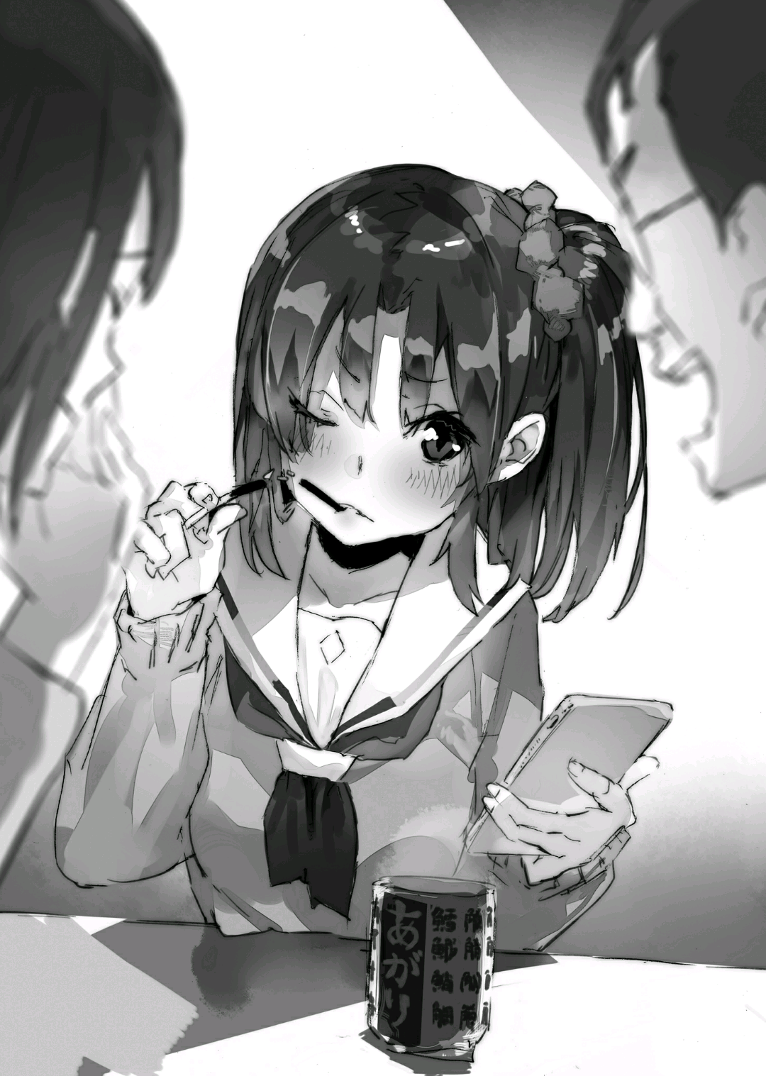 10s bow bowtie cardigan cellphone food greyscale highres monochrome outbreak_company phone pocky school_uniform short_hair side_ponytail smartphone yuugen