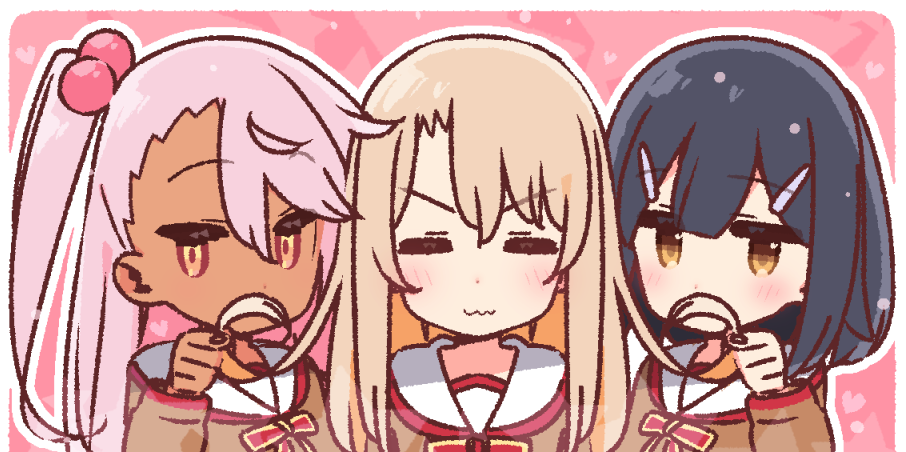 3girls =_= black_hair blonde_hair chloe_von_einzbern closed_eyes commentary dark-skinned_female dark_skin facing_viewer fake_facial_hair fake_mustache fate/kaleid_liner_prisma_illya fate_(series) hair_between_eyes hair_bobbles hair_ornament hairclip heart holding_another&#039;s_hair homurabara_academy_school_uniform illyasviel_von_einzbern light_blush long_hair long_sleeves looking_at_viewer miyu_edelfelt multiple_girls one_side_up orange_eyes outline pink_background pink_hair school_uniform short_hair siblings simple_background sisters v-shaped_eyebrows wavy_mouth white_outline yellow_eyes yoru_nai