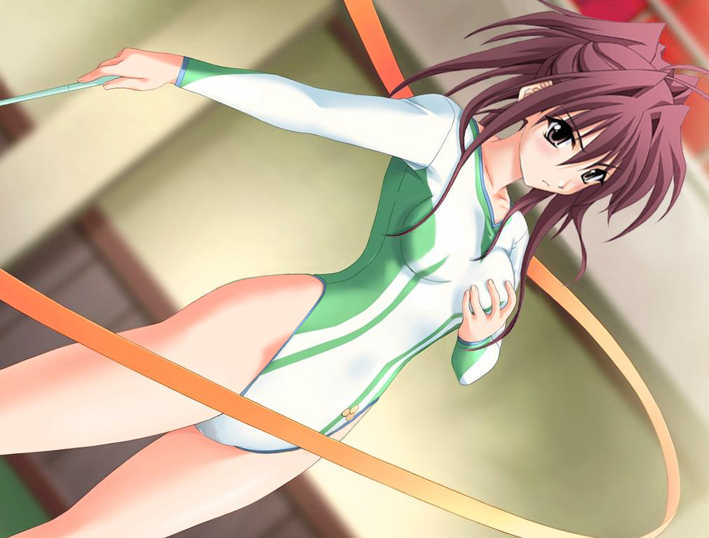 00s 1girl black_eyes blush breasts brown_eyes brown_hair dutch_angle female_focus frown game_cg grabbing_own_breast groping gym gymnastics leotard non-web_source pink_hair ponytail purple_hair rhythmic_gymnastics ribbon ribbon_baton shintaisou small_breasts solo third-party_edit zatou