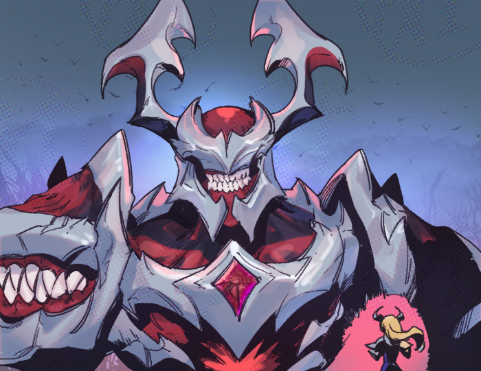 1girl animal armor bird character_request colored_skin covered_eyes from_behind giant grin helmet league_of_legends male_focus mordekaiser old_god_mordekaiser phantom_ix_row red_skin sharp_teeth smile solo_focus teeth upper_body
