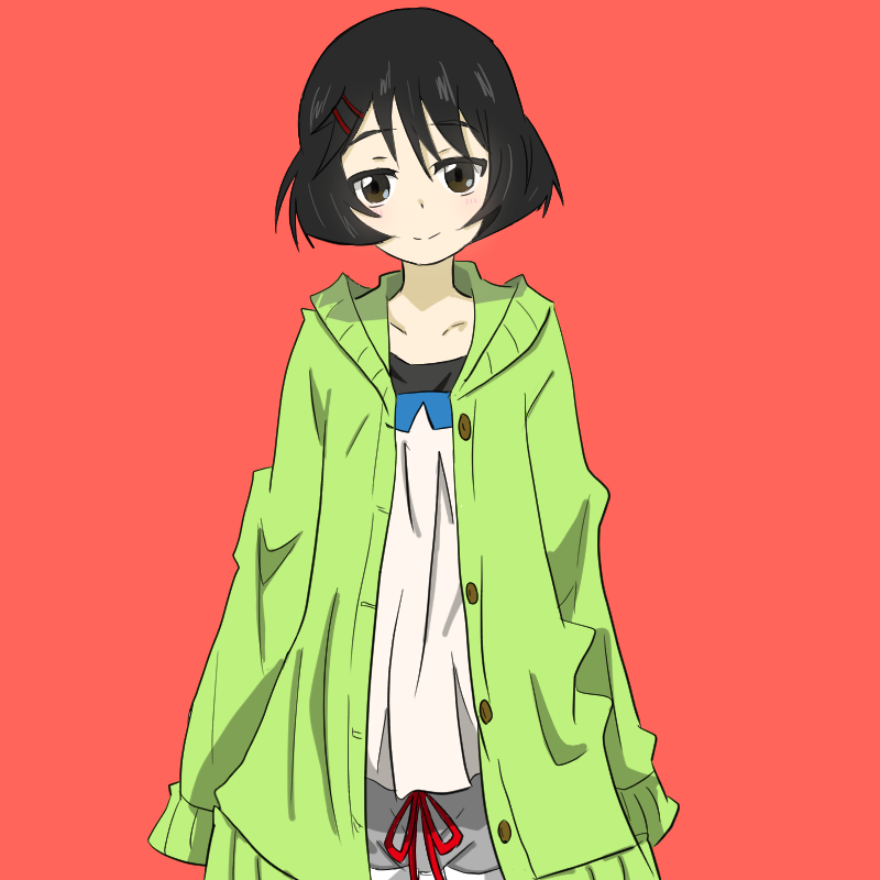 10s 1girl bad_id bad_pixiv_id black_eyes black_hair blue_shorts cardigan casual closed_mouth female_focus girls_und_panzer green_sweater hair_ornament hairclip hood hoodie kisaragi_yukitora light_smile long_sleeves looking_at_viewer open_cardigan open_clothes pink_background shirt short_hair shorts solo standing sweater upper_body utsugi_yuuki white_shirt
