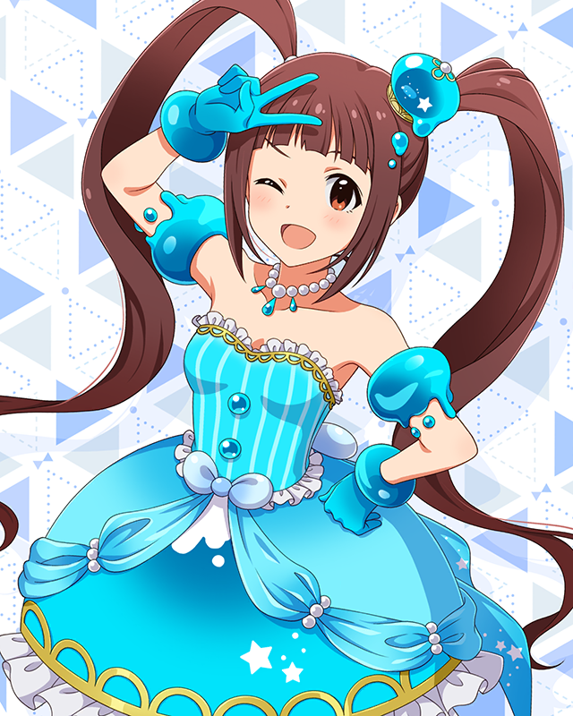 1girl aqua_dress aqua_gloves aqua_hat armlet bare_shoulders blunt_bangs blush brown_eyes brown_hair cowboy_shot dress drop_shadow frilled_dress frills gloves hand_on_own_hip hat idolmaster idolmaster_million_live! idolmaster_million_live!_theater_days jewelry long_hair looking_at_viewer matsuda_arisa mini_hat monster!_slime_(idolmaster) necklace off-shoulder_dress off_shoulder official_art one_eye_closed open_mouth pearl_necklace sidelocks smile solo standing tilted_headwear triangle twintails v v_over_head