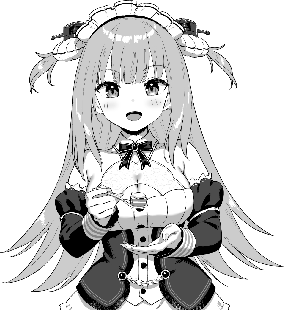 1girl azur_lane azur_lane:_slow_ahead breasts cleavage cleavage_cutout clothing_cutout cropped_legs dress facing_viewer food greyscale holding holding_food holding_spoon hori_(hori_no_su) long_hair looking_at_viewer maid maid_headdress monochrome neptune_(azur_lane) open_mouth ribbon short_twintails smile solo spoon twintails