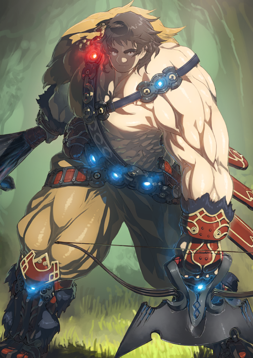 1boy armor armored_boots armored_gloves arms_at_sides belt belt_pouch big_nose boots bow_(weapon) brown_hair closed_mouth club_(weapon) fate/grand_order fate_(series) feet_out_of_frame fingerless_gloves fur-trimmed_gloves fur_trim game_cg gloves glowing green_background holding holding_bow_(weapon) holding_club holding_weapon i-iv_(longman) legs_apart looking_at_viewer male_focus medium_hair muscular muscular_male official_art pants pectorals pouch sash sheath sheathed shoulder_armor shoulder_sash smile solo standing super_orion_(fate) sword thick_eyebrows third-party_source topless_male variant_set weapon yellow_pants
