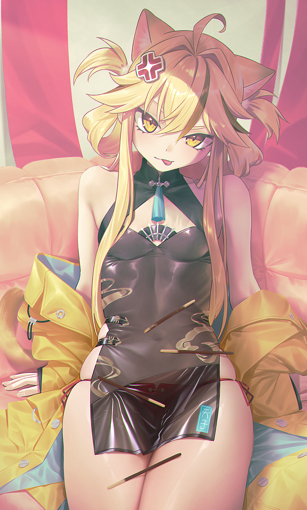 1girl :p ahoge animal_ears bare_shoulders black_hair blonde_hair cat_ears cat_fantasy cat_girl cat_tail china_dress chinese_clothes dress food hair_ornament highres jacket jinque_(cat_fantasy) long_hair looking_at_viewer multicolored_hair off_shoulder panties pocky red_panties see-through_clothes see-through_dress sitting solo tail tongue tongue_out two-tone_hair underwear xxzero