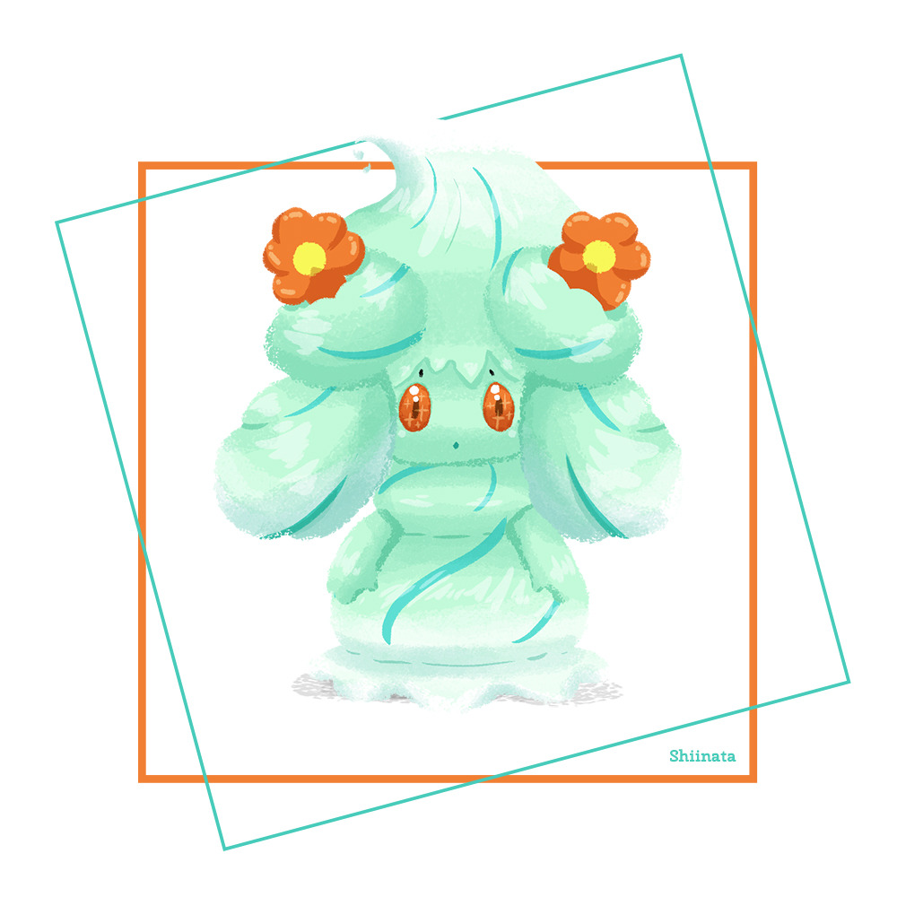 alcremie alcremie_(flower_sweet) alcremie_(mint_cream) creature full_body gen_8_pokemon looking_at_viewer nintendo no_humans orange_eyes pokemon pokemon_(creature) shiinata signature simple_background solo standing white_background