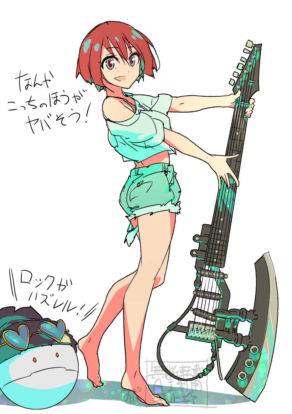 1girl amate_yuzuriha aqua_eyes aqua_shirt gundam gundam_gquuuuuux haro hat heart heart-shaped_eyewear highres holding red_hair robot shirt short_hair simple_background sunglasses supe_(yuusyasupepen) white_background