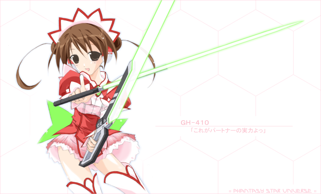 1girl 2000s_(style) bad_id brown_eyes brown_hair character_name commentary cowboy_shot double_bun dress dual_wielding energy_sword gh-410 hair_bun holding honeycomb_(pattern) honeycomb_background looking_at_viewer maid maid_headdress open_mouth partner_machine phantasy_star phantasy_star_universe puffy_short_sleeves puffy_sleeves red_dress short_sleeves simple_background smile solo sword thighhighs tokita translation_request weapon white_background white_thighhighs