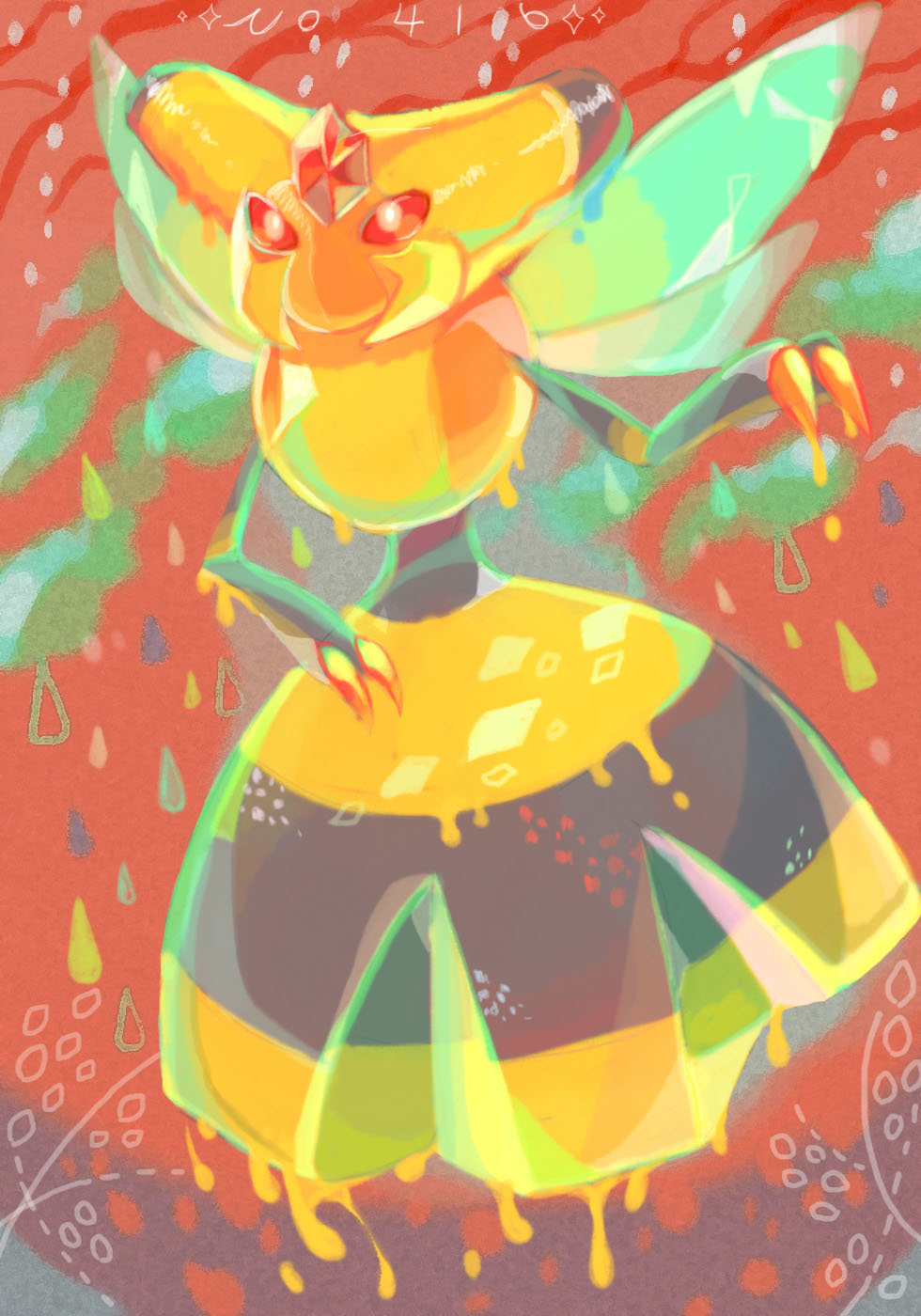1girl akadako arthropod_girl black_skin claws colored_skin dripping female_focus floating forehead_jewel full_body gem gen_4_pokemon hand_up highres honey insect_wings looking_at_viewer multicolored_skin nintendo no_mouth pokedex_number pokemon pokemon_(creature) red_background red_eyes red_gemstone solo two-tone_skin vespiquen wings yellow_skin