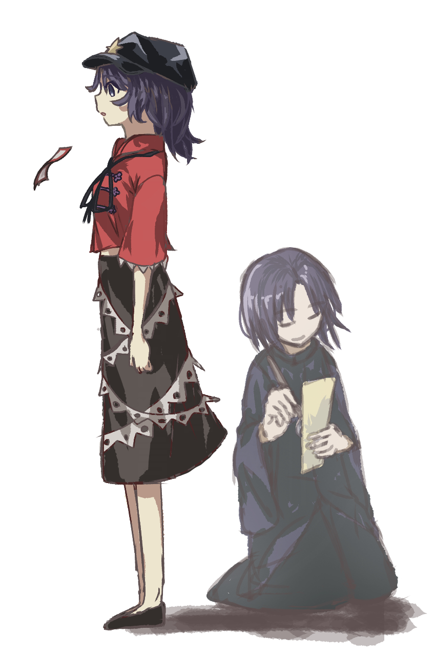 1girl before_and_after black_hat black_kimono black_ribbon black_shoes black_skirt blue_eyes chinese_clothes closed_eyes commentary_request full_body hat hat_ornament highres japanese_clothes jiangshi kimono kouten lace-trimmed_sleeves lace_trim looking_afar miyako_yoshika miyako_yoshika_(living) neck_ribbon newsboy_cap ofuda ofuda_removed open_mouth purple_hair red_shirt ribbon shirt shoes short_hair short_sleeves simple_background skirt smile standing star_(symbol) star_hat_ornament tangzhuang touhou white_background