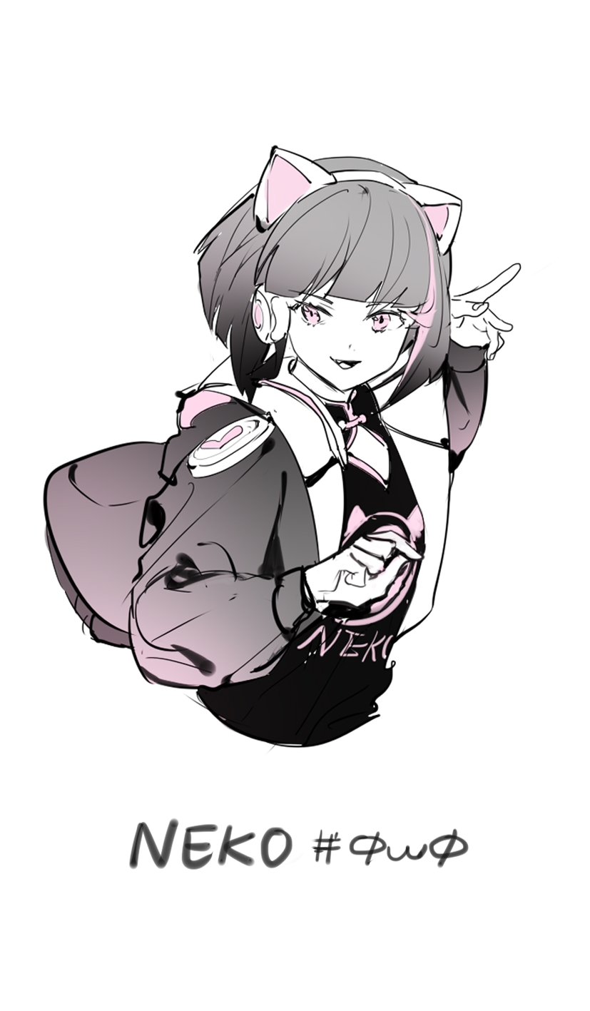 1girl animal_ear_headphones animal_ears asakura_neko black_hair black_jacket black_shirt black_sleeves blunt_bangs cat_ear_headphones character_name cleavage_cutout clothes_lift clothing_cutout collar collared_jacket cytus cytus_ii diamond_cutout eyelashes fake_animal_ears fang fingernails hashtag headphones highres hood hood_down hooded_jacket jacket jacket_lift lobelia_(saclia) long_sleeves looking_at_viewer multicolored_hair open_clothes open_jacket open_mouth pink_eyes pink_hair puffy_long_sleeves puffy_sleeves shirt short_hair simple_background smile solo streaked_hair upper_body white_background white_collar white_hood